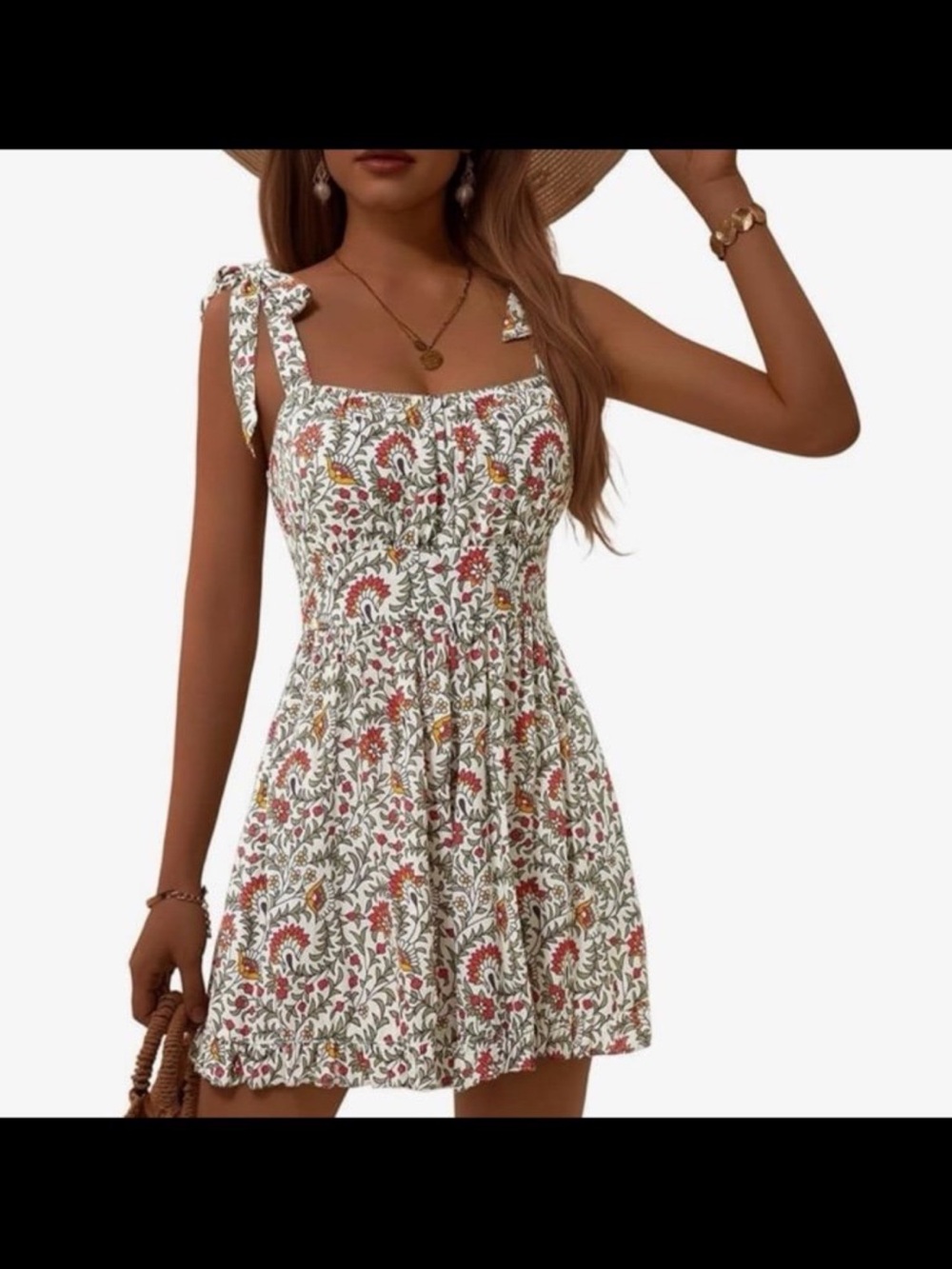 Floral Tie-Shoulder Romper - White with Red & Green Print